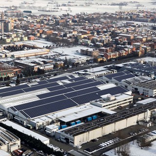 An aerial view of the photovoltaic plant covering headuarter roofs in Sant'Agata Bolognese, IT
