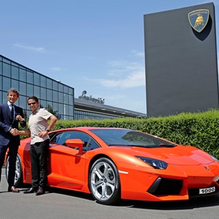 President and CEO of Automobili Lamborghini, Stephan Winkelmann and 1.000th Lamborghini Aventador LP 700-4 buyer Hans Sc