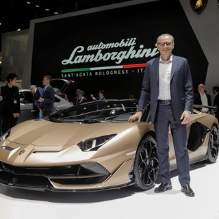 Stefano Domenicali, Chairman and Chief Executive Officer, and the new Aventador SVJ Roadster