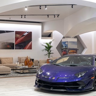 Lamborghini Lounge in Porto Cervo from left Visionnaire interior design solution, Aventador SVJ