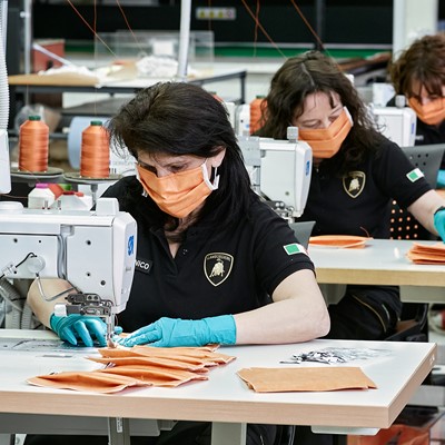 Lamborghini upholstery workers producing surgical masks for S. Orsola Hospital