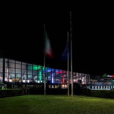 Lamborghini museum with Italian Tricolore lights