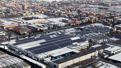 An aerial view of the photovoltaic plant covering headuarter roofs in Sant'Agata Bolognese, IT