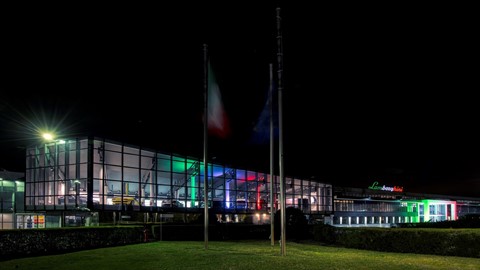 Lamborghini museum with Italian Tricolore lights