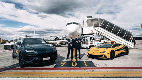from left, Nazareno Ventola, Bologna Airport CEO and General Manager and Stephan Winkelmann, Chairman and CEO Automobili