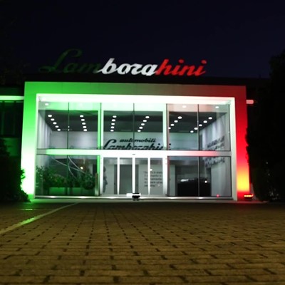 Lamborghini factory with tricolore lights footage